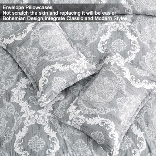 WONGS BEDDING Grey Comforter Set King Size Damask Texture 7 Pieces Gray Bed in a Bag Soft Microfiber Boho Comforter Bedding Sheet Set Comforter Flat Sheet Fitted Sheet Pillow Shams Pillowcases