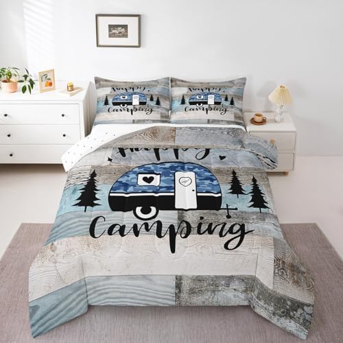 Manfei Happy Camping Camper RV Kids Comforter Set Queen Size,Pine Tree Camo Rustic Farmhouse Adventure Bedding Set,Wooden Plank Cabin Quilt Comforter,Teal Retro Duvet Insert,2 Pillowcases