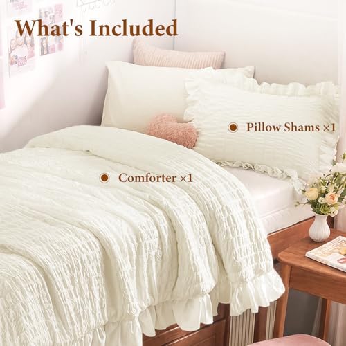 JOLLYVOGUE Ivory Twin/Twin XL Comforter Set, 2 Pieces Seersucker Lightweight Fluffy Bedding Set, Twin Ruffle Comforter, All Season Soft Microfiber Shabby Chic Bed Set