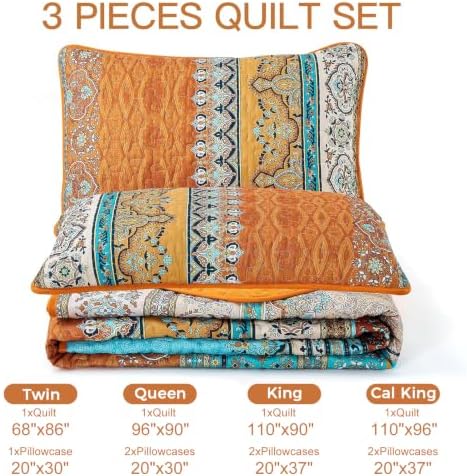 WONGS BEDDING Orange Quilt Queen Size, Boho Stripe Bedding Set, 96"x90"