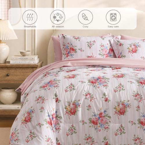 BLOOMHAVEN Twin XL Comforter Set-5 Pieces Pink Floral Bed in a Bag