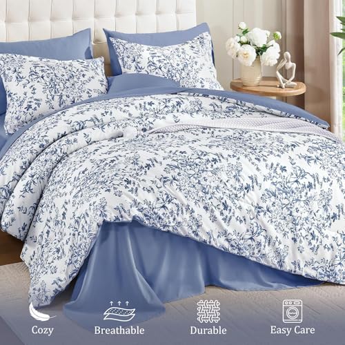 8 Pieces Blue Floral Comforter Set Full Size Bed in a Bag Bedding Set