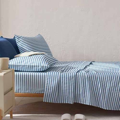 JELLYMONI 100% Cotton Sheet Set, Dusty Blue Striped, Queen