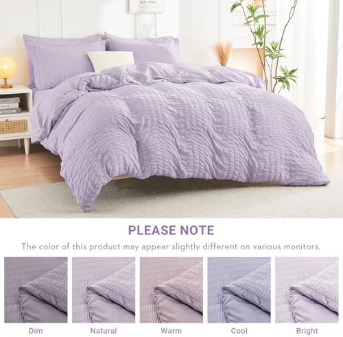 HYMOKEGE Lavender California King Comforter Set Seersucker 7 Pieces, All Season Luxury Bed in a Bag for Bedroom, Bedding Set with Comforters, Sheets, Pillowcases & Shams