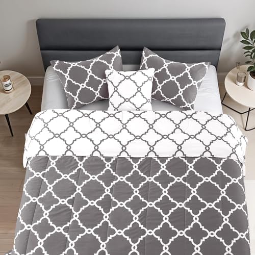 LUX Décor Reversible 5pc Queen Comforter Set, Printed Bedding Set, All-in-One Bed in a Bag, Includes 1 Comforter, 2 Pillow Shams, 1 Decorative Pillow & 1 Bed Skirt (Quatrefoil Grey,Queen)