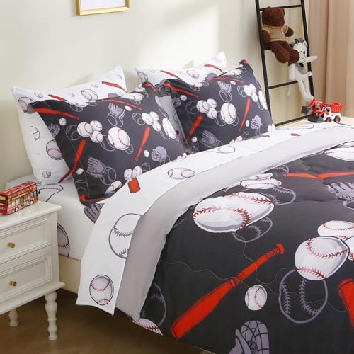 Baseball 7 Piece Bedding Set Sports Theme Twin Size Kids Boys Softball Comforter Set for Boys Kids Microfiber Comforter All Season (1 Comforter, 1 Flat Sheet, 1 Fitted Sheet, 4 Pillowcase)