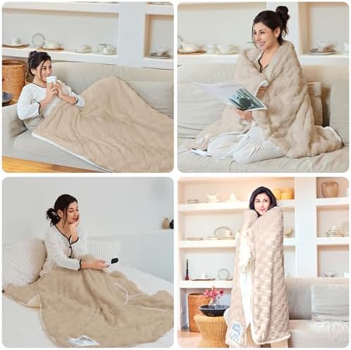 Heated Blanket Throw 50" x 60", Checked Electric Blanket, Khaki