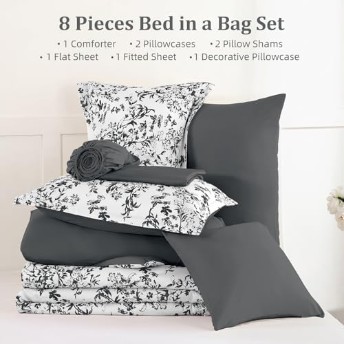 8 Pieces Floral Comforter Set Queen Size Black Gray Bed in a Bag Bedding