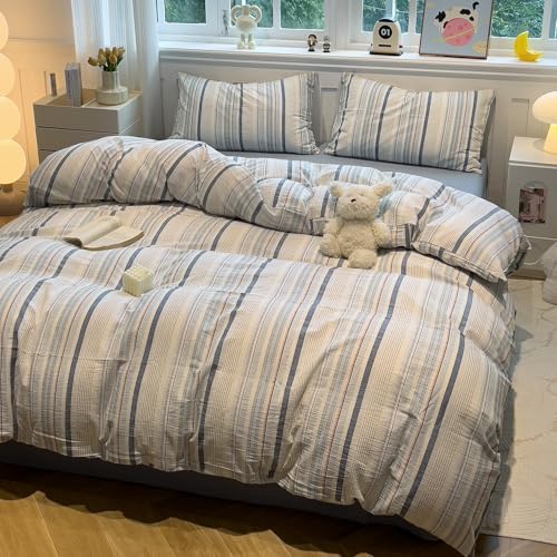 mixinni Vintage Blue and White Striped Duvet Cover Set Full - 100% Washed Cotton 3 Piece Bedding Set with Geometric Pattern, Soft Breathable Comforter Cover with Zipper Closure & Corner Ties