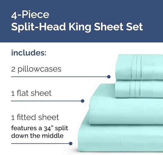 Flex Top Split Head King 4 Piece Sheet Set - Comfy Breathable & Cooling Bed Sheets Set - Hotel Luxury Bedding for Women, Men, Kids, Teens, Boys & Girls - Deep Pockets, Ultra-Soft - Oeko-Tex - Spa Blue