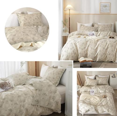 LifeTB Vintage Boho Floral Comforter Set Queen Soft Fluffy Beige Floral Bedding Comforter Set 1 Queen Comforter with 2 Pillowcases Garden Style Vintage Flower Botanical Comforter Set for All Seasons