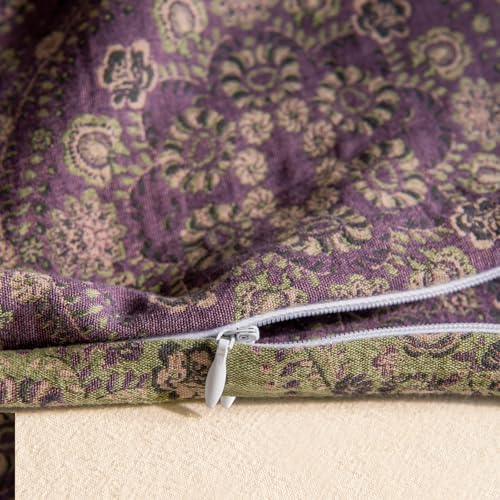 VM VOUGEMARKET Purple Flower Duvet Cover Set King,Yarn-Dyed Cotton Jacquard Textured Boho Medallion Bedding Set,Retro Reversible Green Floral Duvet Cover with Zipper Ties