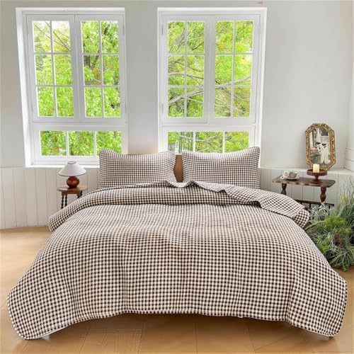 NSNLGSGC Mocha Gingham Queen Summer Bedspread Quilt Set