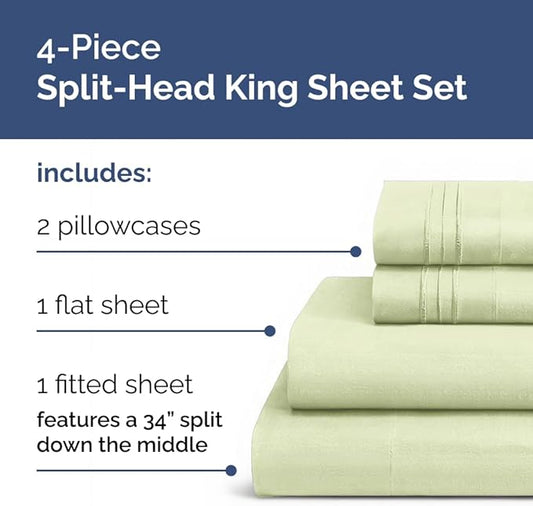Flex Top Split Head King 4 Piece Sheet Set - Comfy Breathable & Cooling Bed Sheets Set - Hotel Luxury Bedding for Women, Men, Kids, Teens, Boys & Girls - Deep Pockets, Soft, Oeko-Tex, Light Sage Green