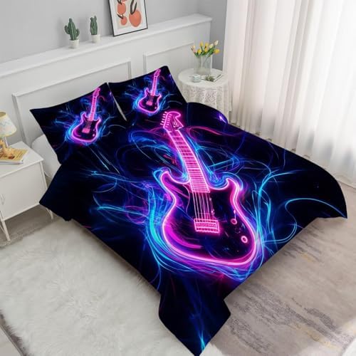 Guitar Bedding Set Full/Queen Neon Music Comforter for Kids Girls Women Bedroom Quilt Bed Set 1 Comforter 2 Pillowcases