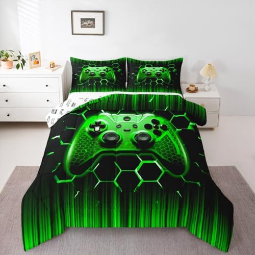 Manfei Modern Gamer Comforter Set Twin Size, Green Honeycomb Gamepad Down Comforter with 1 Pillowcase, Vodeo Games Bedding Set 2pcs for Kids Boys Girls Bedroom Decor Teens Gaming Duvet Insert