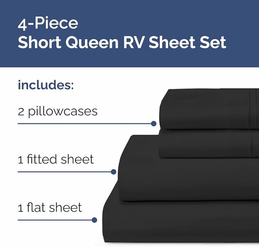Short Queen Size 4 Piece Sheet Set - RV Short Queen, Soft, Breathable & Cooling Bed Sheets Set with Deep Pockets - Hotel Luxury Bedding for Women, Men, Kids, Teens, Boys and Girls - Oeko-Tex - Black