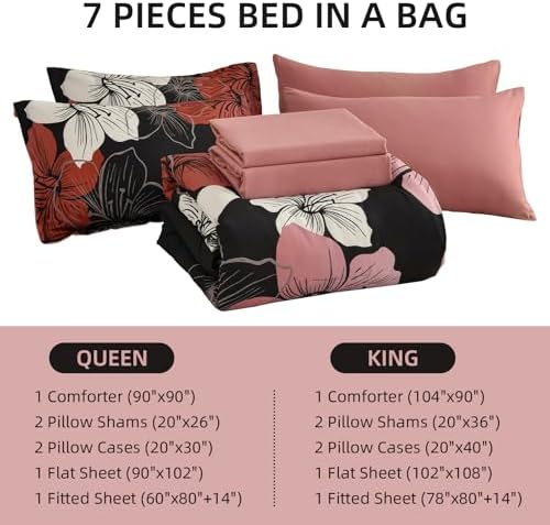 Luxudecor Floral Comforter Set King Size, 7 Pieces Bed in a Bag
