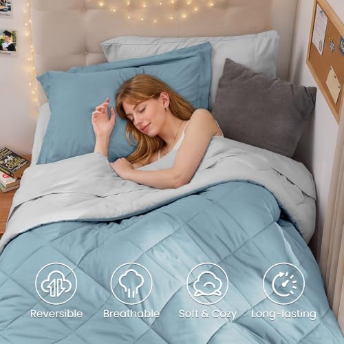 MUXHOMO 5 Pieces Twin XL Comforter Set, Reversible Bed in a Bag Twin XL Size, All Season Bedding Set with Comforter, Flat Sheet, Fitted Sheet, Pillowcases & Shams, Greyish Blue & Light Grey