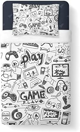Gaming Comforter Sets for Boys Teen Full Size,Kids Video Games Bedding Set Sketch Style Athletic Racing Game Design Bedroom Home Decor