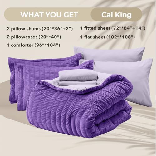 HYMOKEGE Dark Purple/Lavender California King Comforter Set Seersucker 7 Pieces, All Season Luxury Bed in a Bag for Bedroom, Bedding Set with Comforter, Sheets, Pillowcases & Shams