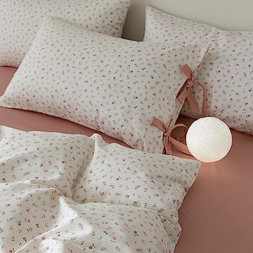 Girls Pink Floral Comforter Set Queen 3 Pieces Floral Cottagecore Bedding Comforter with 2 Bowknot Pillowcases Soft Fluffy Pink Stripes Bedding Set Aesthetic Cute Flowers Comforter Set for Girls Women