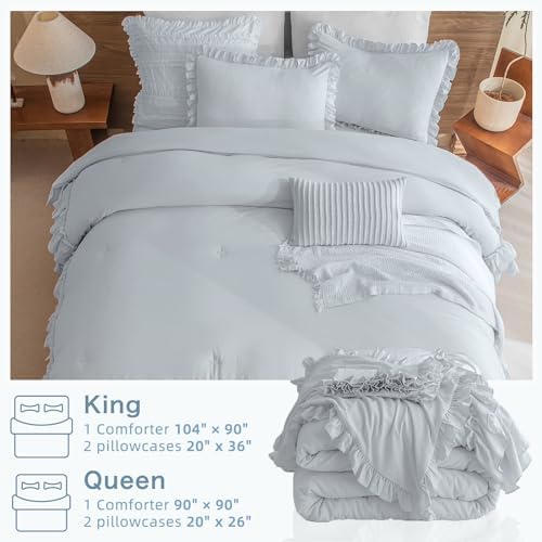 Masaca Shabby Ruffled King Comforter Set,Farmhouse Cornflower Blue Bedding Comforter Lightweight Ultra Soft Vintage Rustic Bedding 3pc (1 Ruffle Comforter and 2 Pillowcases)