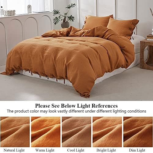 Simple&Opulence 100% Linen Duvet Cover Set 3pcs with Bowknot Ties Closure Natural French Washed Flax Solid Color Soft Breathable Farmhouse Bedding - Rust, Queen Size