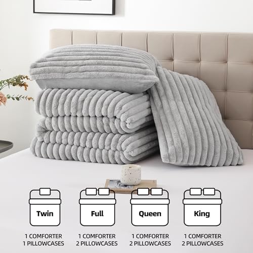 Smoofy Fluffy King Size Comforter 3 PCS - Light Grey Fleece Bedding Set