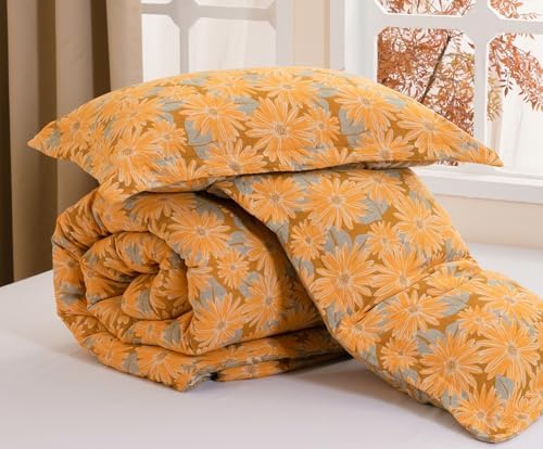SLEEPBELLA Washed Double Layer Muslin 100% Cotton Comforter Set Queen Size, Yellow & Blue Sunflower Pattern Fluffy Thick Checked Bedding Set, Soft Breathable (1 Comforter, 2 Pillow Shams)