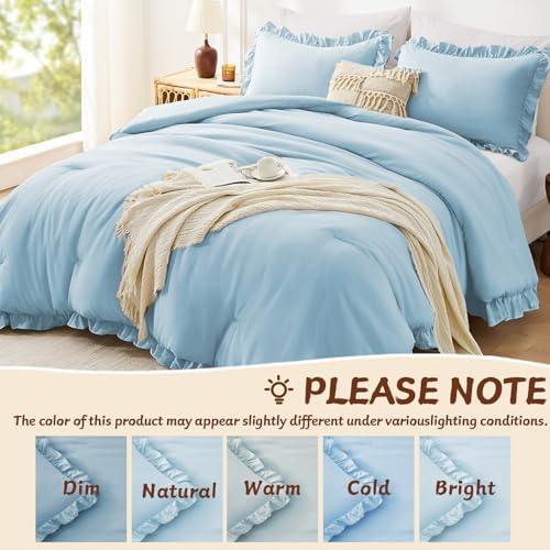 FUANNA King Size Comforter Set, Ruffle Bedding, 3 PCS Bed Set, Light Blue