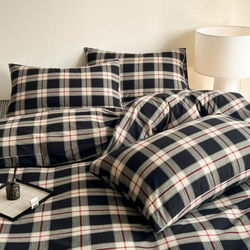 Mucalis Black Buffalo Plaid Duvet Cover King 100% Washed Cotton Green Red Checkered Duvet Cover Vintage 3 Piece Grid Bedding Set with Zipper Closure 4 Corner Ties