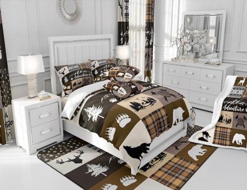 Castle Fairy Bear Print Full Size Comforter Set,Deer Antler Wolf Animals Hunting Adventure Bedding Comforters Bedroom Collection,Lodge Arrow Retro Brown Camper Plaid Bedding Set for Girls Teens
