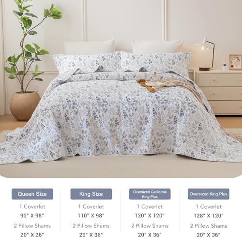 Lady Ann Oversized King Quilt Bedspreads 120x120, 3 Pcs Cotton Floral California King Size Quilt Bedding Set, Blue and White Floral & Leaves Pattern Plant Botanical Printed Quilted Coverlet Set