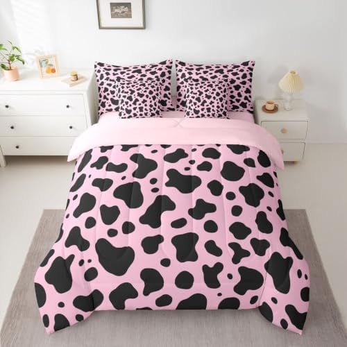 Erosebridal Cow Pink Western 7 Piece Bedding Set Full Milk Cow Print Comforter Set with Sheets Cowgirl Preppy Bed in a Bag Farmhouse Animal Bed Sets Comforter
