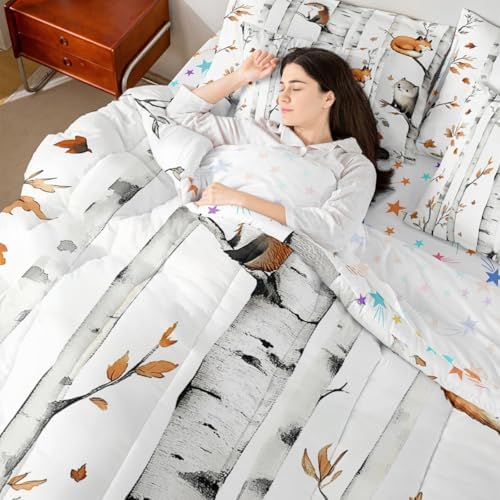 Erosebridal Cartoon Animals 7 Piece Comforter Set King Woodland Forest Bedding Set for Kids Child Boys Girls Fox Hedgehog Wildlife Sheet Set Rustic Cabin Lodge Quilt Botanical Branches Decor