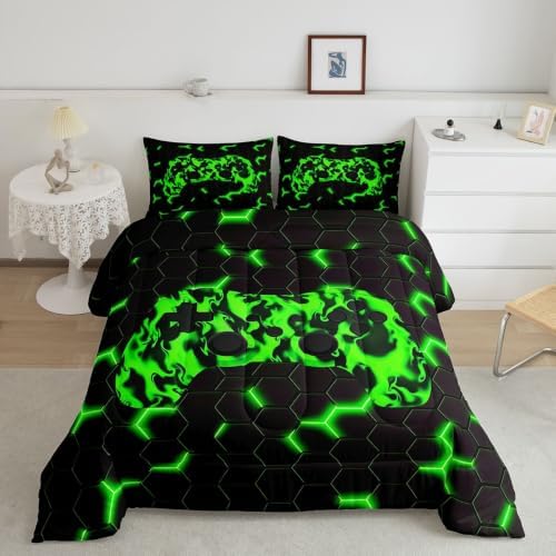 Erosebridal Gamer Comforter Set for Boys & Teens - Geometric Honeycomb Hexagon Pattern - Twin Size Gaming Bedding Set - Green & Black Duvet Set