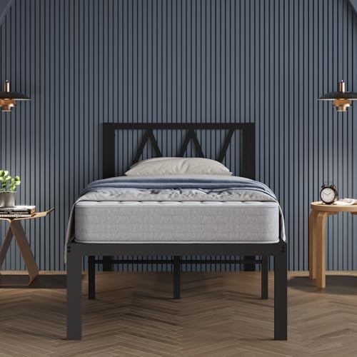 Avenco 18 Inch Twin Bed Frame with Headboard, Metal Platform Bed Frame, Twin Size Bed Frame No Box Spring Needed, Easy Assembly, Heavy Duty Slats Support, Black