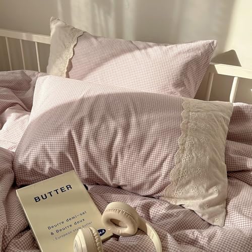 mixinni Purple White Gingham Duvet Cover Twin XL Size - 3 Piece Cottagecore Plaid Bedding Set with Lace Trim, Soft Washed Microfiber Vintage Aesthetic Grid Comforter Cover & Pillow Shams