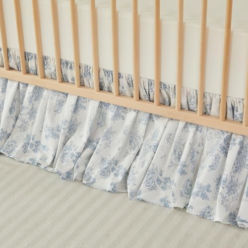 Brandream French Country Toile Floral Print Cotton Crib Skirt Toddler Bedskirt Baby Nursery Crib Bed Skirt Boho Bohemian Neutral Blue Farmhouse Chic Ruffles Skirt