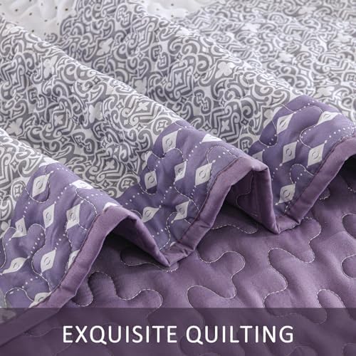 WONGS BEDDING Purple King Quilt Bedding Set, Bohemian Stripe Bedspread