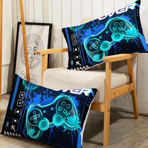 AILONEN Gamer Fitted Sheet Set Full Size, Blue Game Controller Boys Bedding Set Decor,Gamer Bed Sheet Set 3 Pieces Boys Sheet Set,Video Game Fitted Sheet and 2 Pillowcases