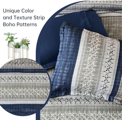 Dintszyayue Blue Queen Comforter Size Set, 8 Pieces Boho Grey Striped Texture Bed in a Bag Sets, Lightweight Soft Bohemian Comforter and Sheet Set, All Season Microfiber Bedding Sets for Men Women