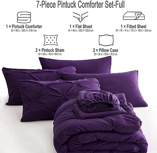 Ubauba 7pc Full Size Comforter Set with Sheets, Purple Pintuck 7 Pieces Bed in a Bag with Comforter, All Season Bedding Comforters & Sets (Purple,Full)