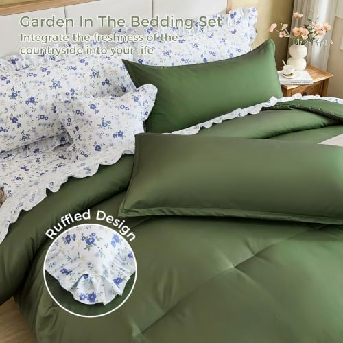 WONGS BEDDING 8PC Queen Comforter Set, Ruffle Comforter with Floral Sheets