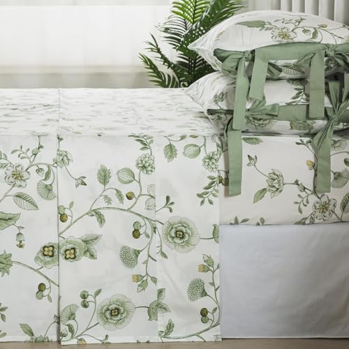 FADFAY Full Size Sheet Sets Green Floral Bedding Premium Percale Cotton Toile Sheets Flower Bed Sheet Set Shabby Vintage Chic Bowknot Design Soft Crisp Breathable Deep Pocket Fitted Sheet 4 Pieces