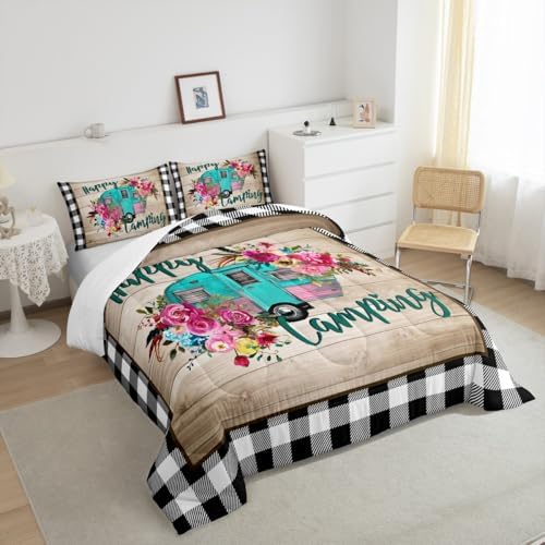 Manfei RV Happy Travelling Comforter Set Full,Camper Adventure Car Bedding Set 3pcs for Kids Teens Adults Trailer Decor,Wooden Plaid Vintage Quilt Set,Farmhouse Duvet Insert with 2 Pillowcases