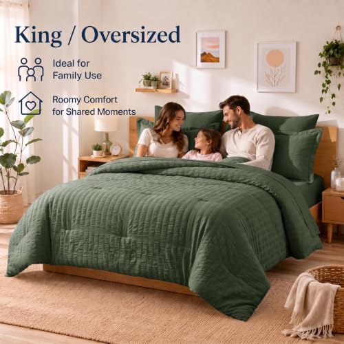 CozyLux King Size Comforter Set 7 Pieces Dark Green Seersucker Bed in a Bag