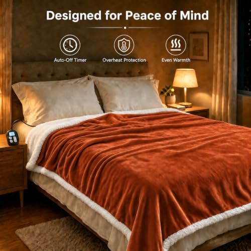 Electric Heated Blanket Full Size 72" x 84", Soft Flannel Heating Blanket for Bed, Sofa, Bedroom, 10 Heat Settings, 1-12H Auto Shut Off, Overheat Protection, Machine Washable, Pumpkin Orange