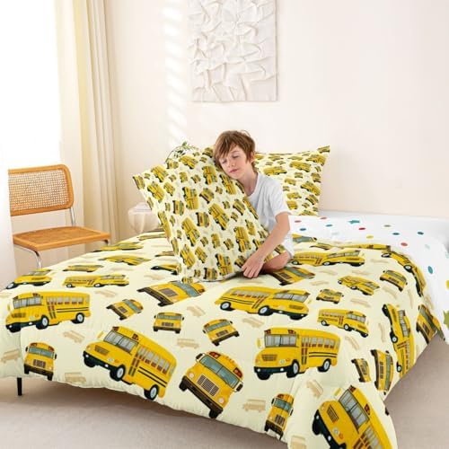 Feelyou Yellow School Bus Comforter Set King Size Cartoon Truck Bedding Set for Kids Boys Girls Transport Vehicles Duvet Quilt Bedroom Decor Microfiber 3 Pcs with 2 Pillow Cases